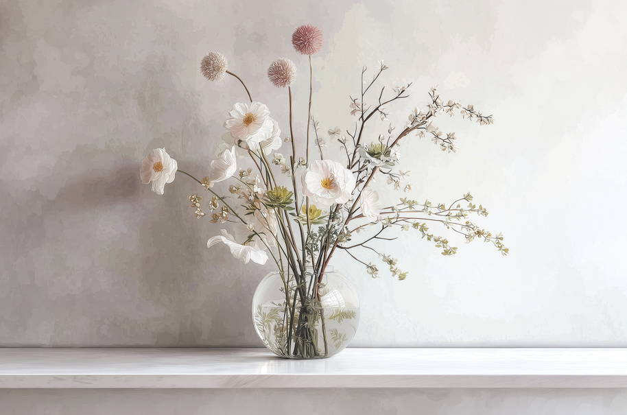 Soft Blossom — white blossoms in a glass vase on swappable fabric wall art, 24x36 inch format