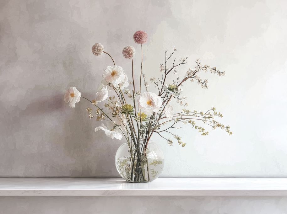 Soft Blossom — white blossoms in a glass vase on swappable fabric wall art, 30x40 inch format