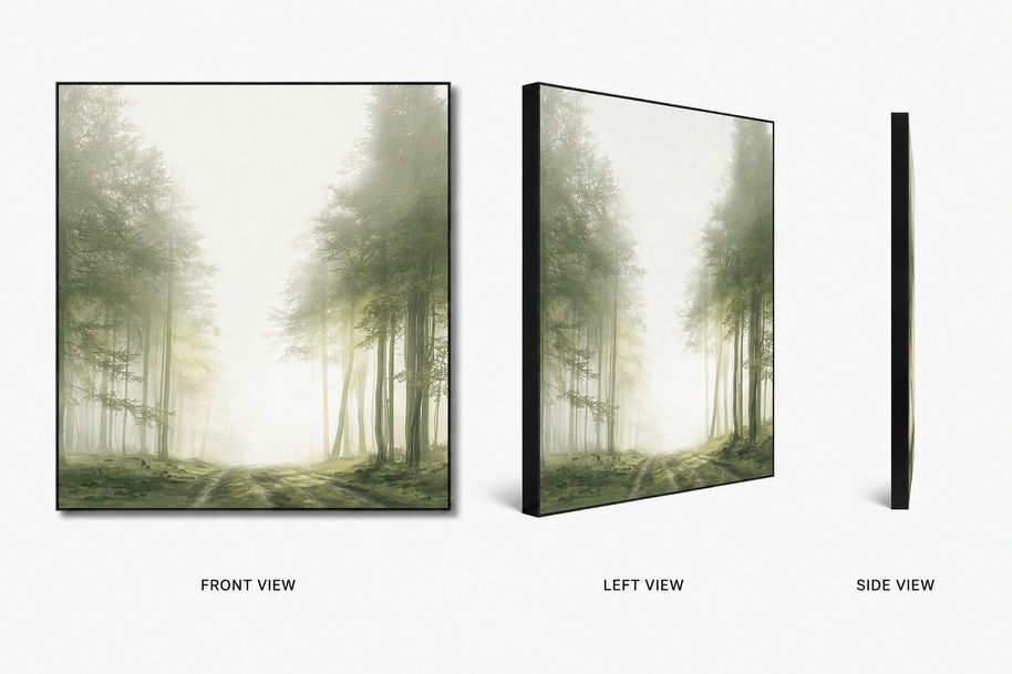 Silent Trail — narrow misty forest trail on swappable fabric wall art, shown in a 24x24 inch Framilie aluminum frame from front, angle and side