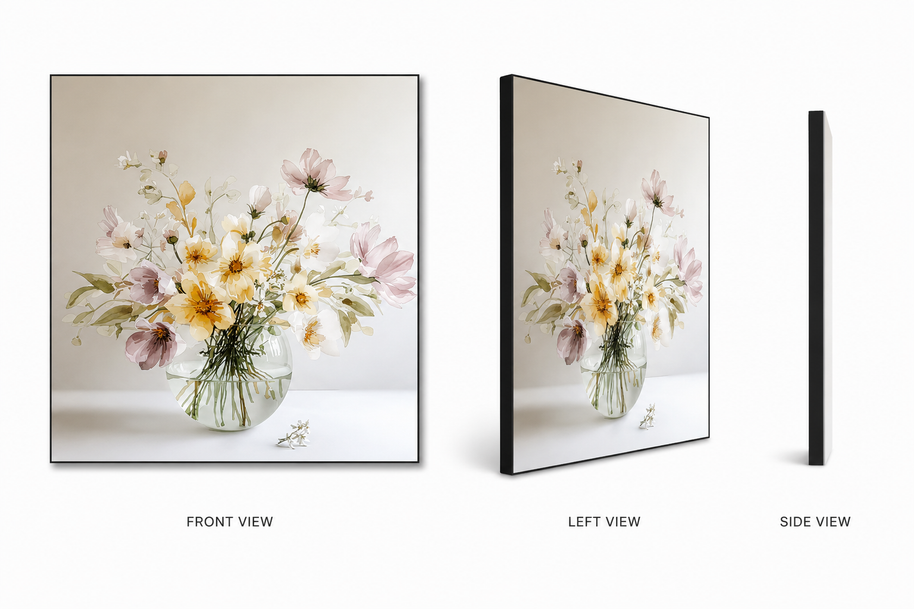 Spring Gathering — pastel spring meadow flowers on swappable fabric wall art, shown in a 24x24 inch Framilie aluminum frame from front, angle and side