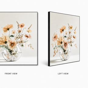 Amber Light — warm amber blossoms on swappable fabric wall art, shown in a 24x24 inch Framilie aluminum frame from front, angle and side