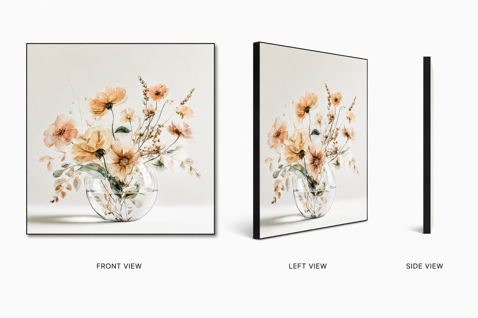 Amber Light — warm amber blossoms on swappable fabric wall art, shown in a 24x24 inch Framilie aluminum frame from front, angle and side