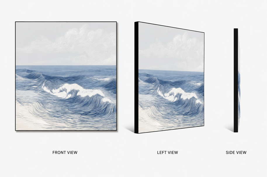 Breaking Line — soft breaking wave crest on swappable fabric wall art, shown in a 24x24 inch Framilie aluminum frame from front, angle and side