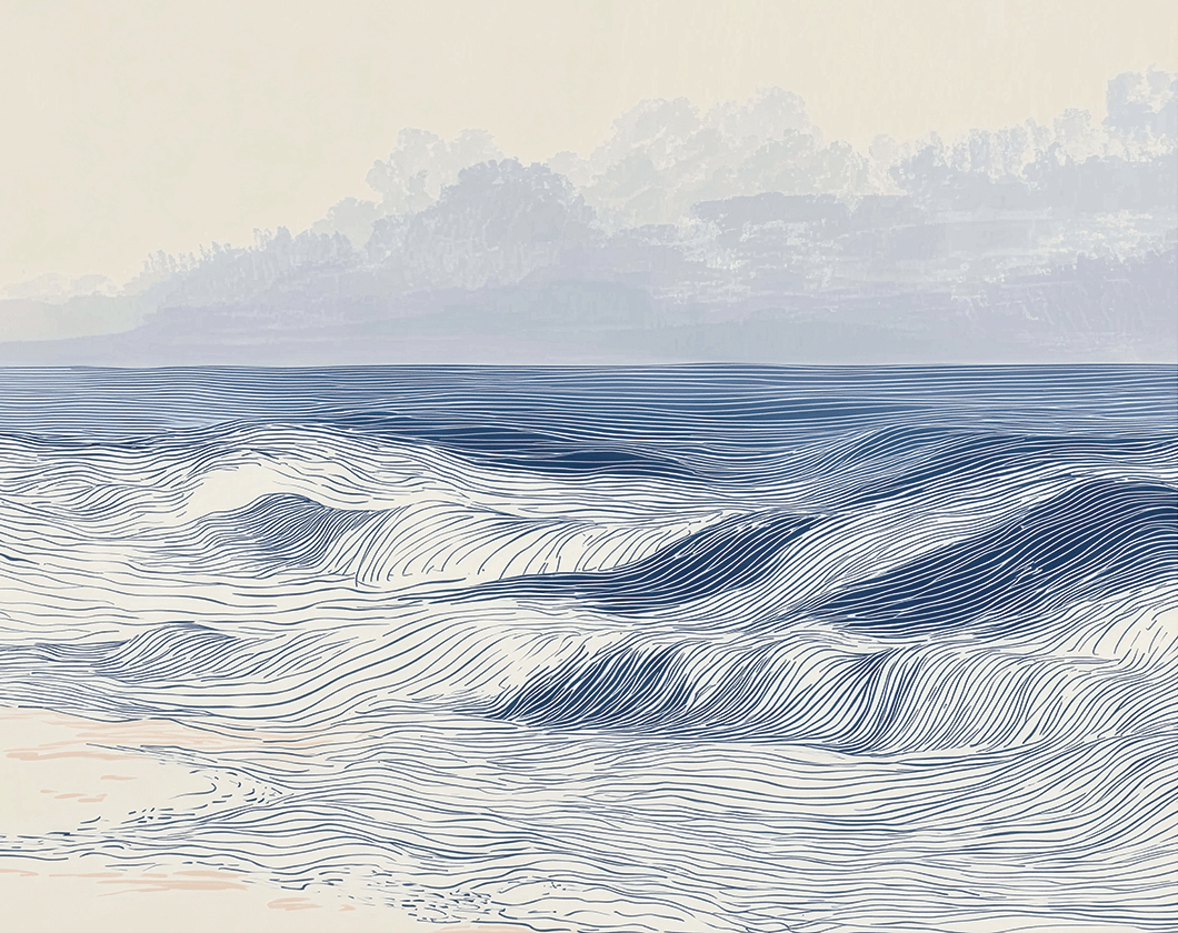 Coastal wall art print with distant shoreline and soft horizon, airy decor for modern interiors