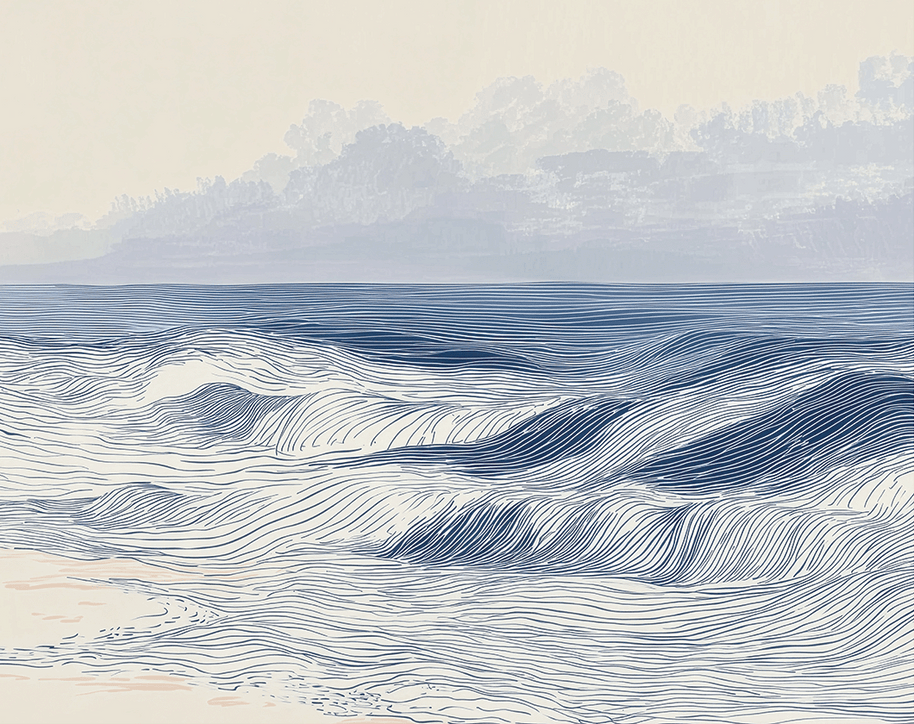 Coastal wall art print with distant shoreline and soft horizon, airy decor for modern interiors