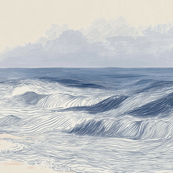 Coastal wall art print with distant shoreline and soft horizon, airy decor for modern interiors