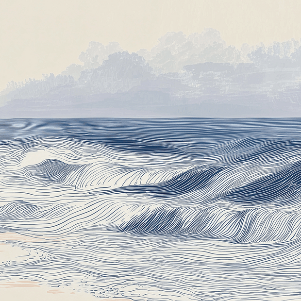 Coastal wall art print with distant shoreline and soft horizon, airy decor for modern interiors