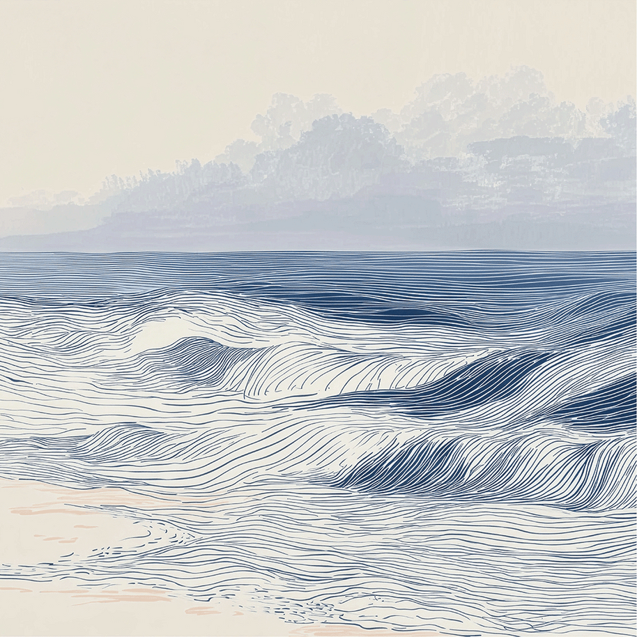 Coastal wall art print with distant shoreline and soft horizon, airy decor for modern interiors