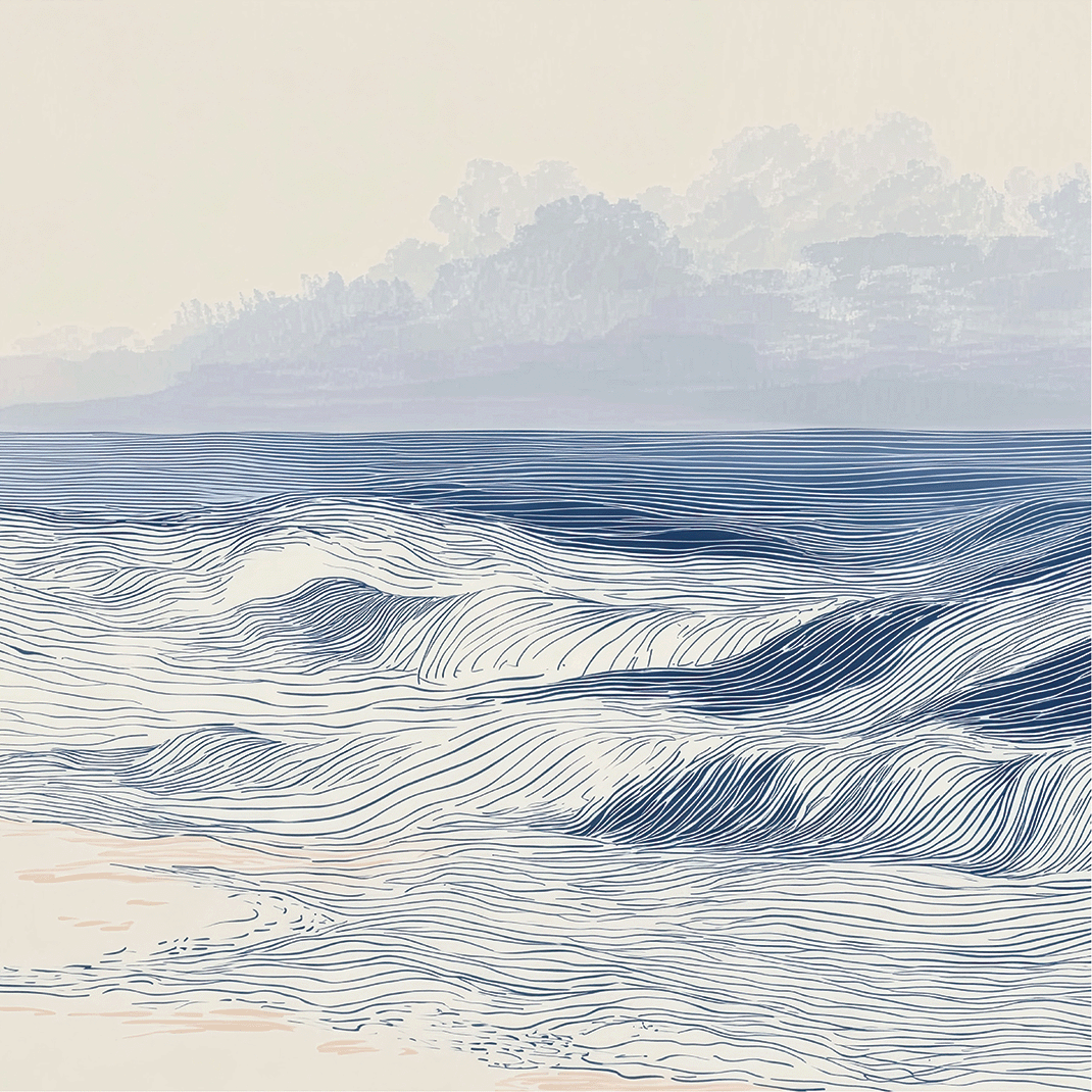 Coastal wall art print with distant shoreline and soft horizon, airy decor for modern interiors