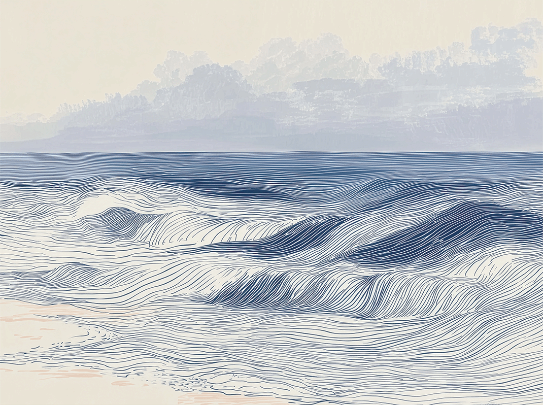 Coastal wall art print with distant shoreline and soft horizon, airy decor for modern interiors