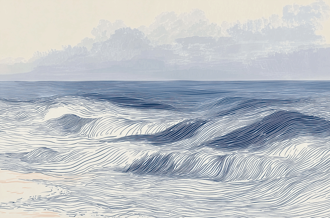 Coastal wall art print with distant shoreline and soft horizon, airy decor for modern interiors