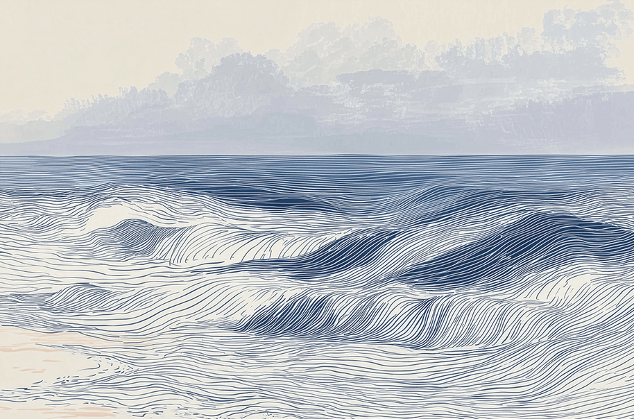 Coastal wall art print with distant shoreline and soft horizon, airy decor for modern interiors