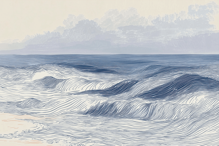 Coastal wall art print with distant shoreline and soft horizon, airy decor for modern interiors
