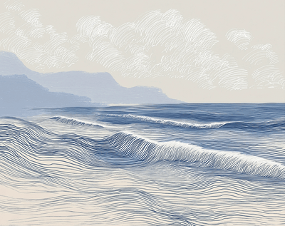 Coastal wall art print with long flowing tide lines and minimal composition, calm modern decor, 20x16 inch format