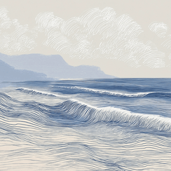 Ocean wall art print with soft breaking wave lines and layered motion, modern coastal decor
