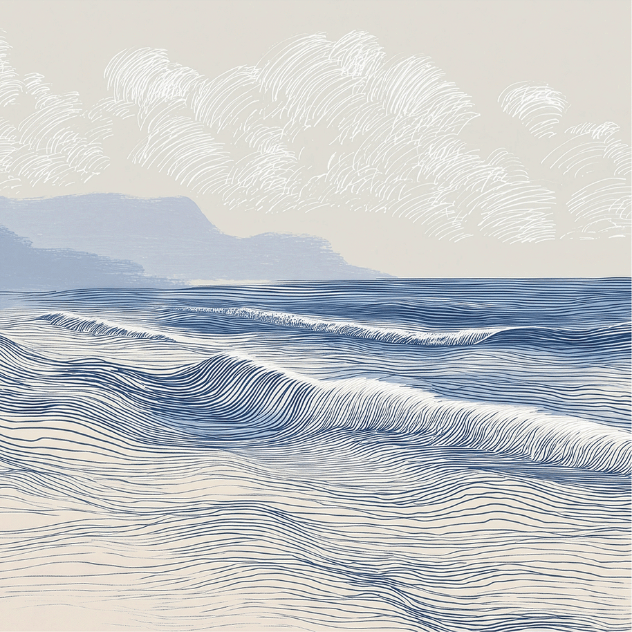 Coastal wall art print with long flowing tide lines and minimal composition, calm modern decor