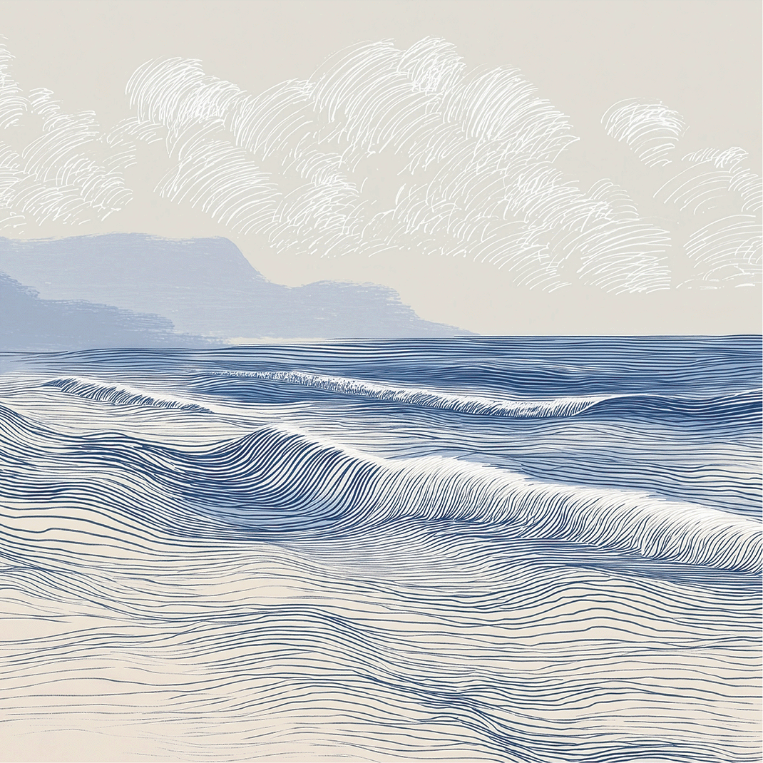 Coastal wall art print with long flowing tide lines and minimal composition, calm modern decor