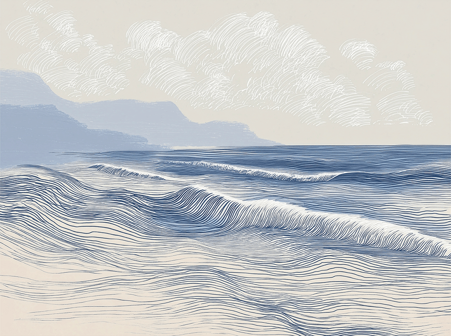 Coastal wall art print with long flowing tide lines and minimal composition, calm modern decor, 24x18 inch format