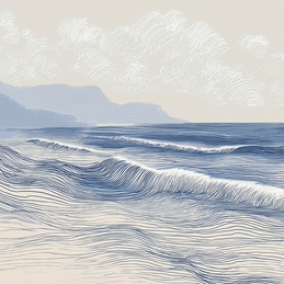 Ocean wall art print with soft breaking wave lines and layered motion, modern coastal decor