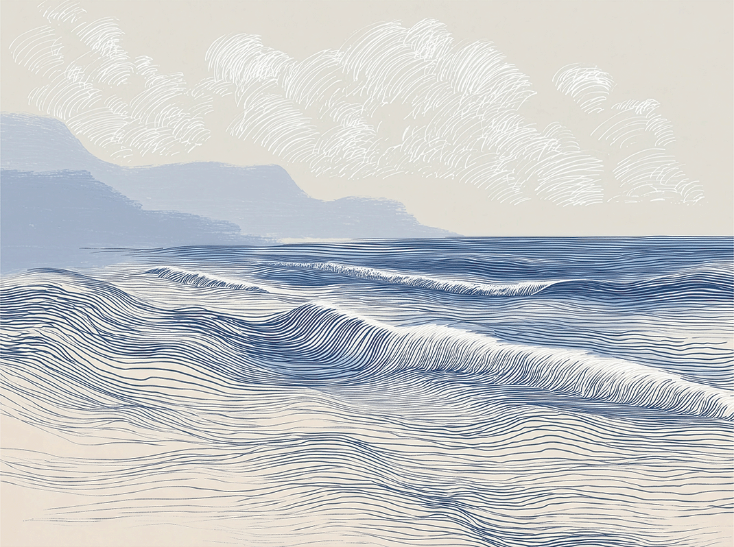 Ocean wall art print with soft breaking wave lines and layered motion, modern coastal decor