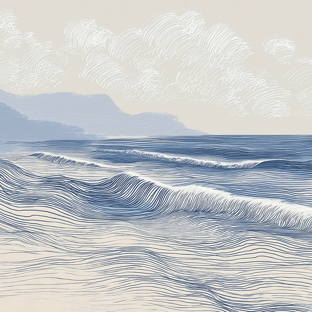 Ocean wall art print with soft breaking wave lines and layered motion, modern coastal decor