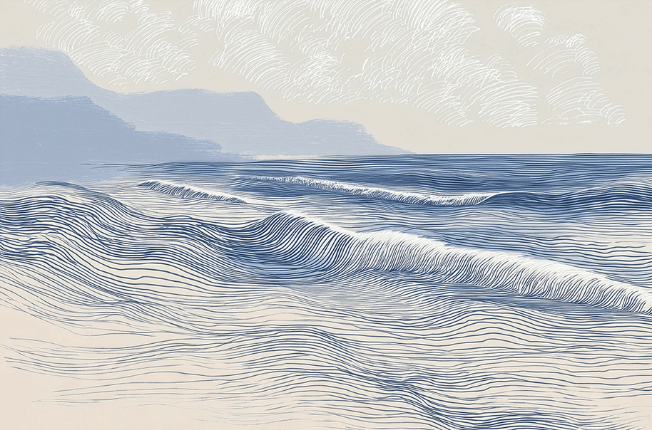 Coastal wall art print with long flowing tide lines and minimal composition, calm modern decor