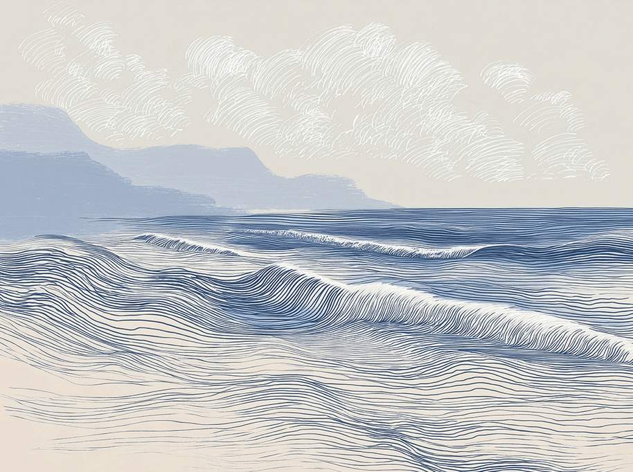Coastal wall art print with long flowing tide lines and minimal composition, calm modern decor