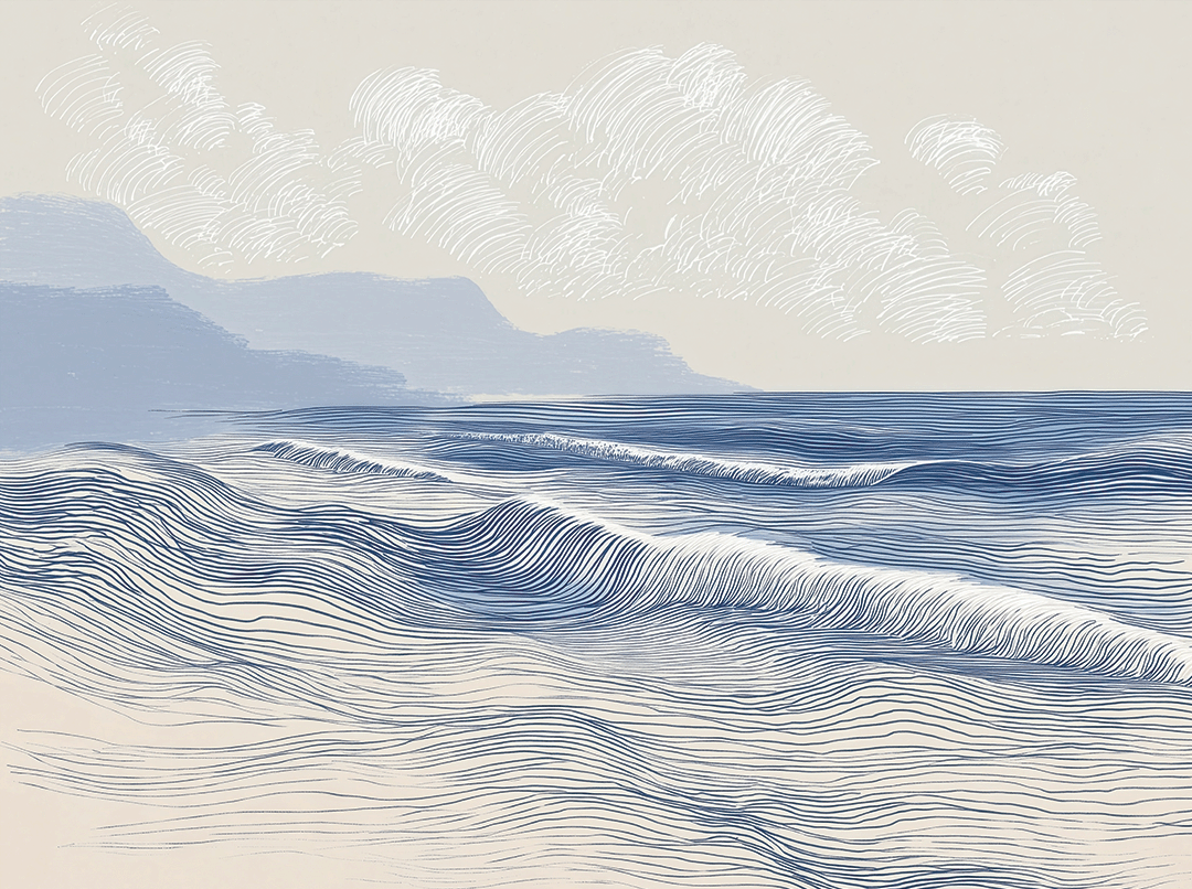 Coastal wall art print with long flowing tide lines and minimal composition, calm modern decor