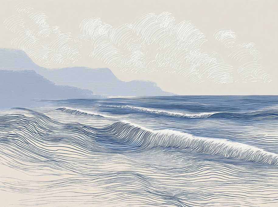 Coastal wall art print with long flowing tide lines and minimal composition, calm modern decor