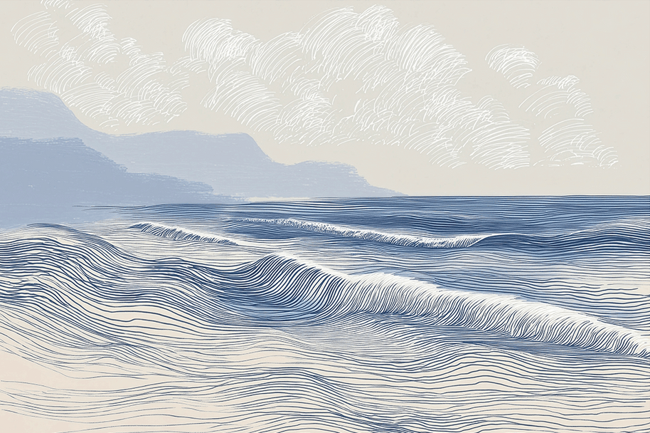 Coastal wall art print with long flowing tide lines and minimal composition, calm modern decor