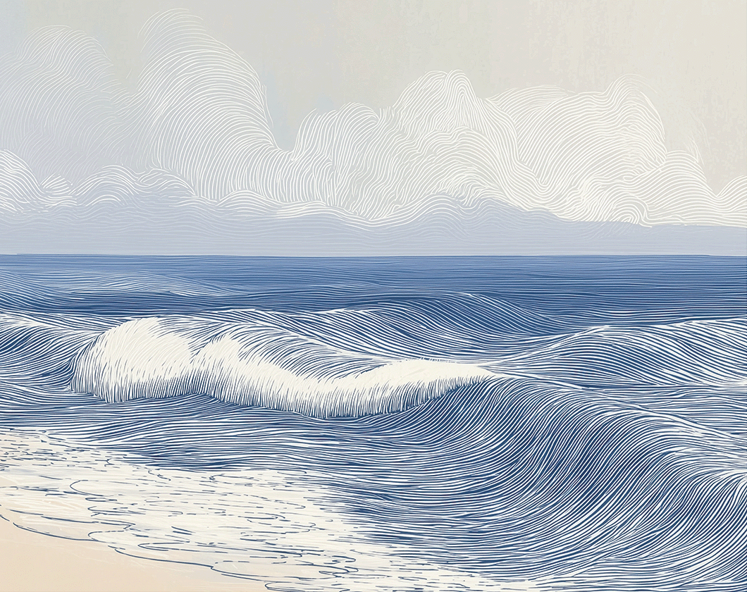 Coastal wall art print with smooth rolling tide lines and soft blue tones, modern wall decor