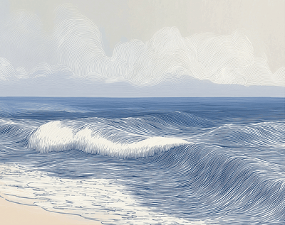 Coastal wall art print with smooth rolling tide lines and soft blue tones, modern wall decor