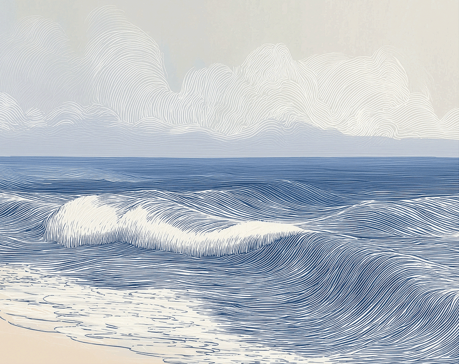 Coastal wall art print with smooth rolling tide lines and soft blue tones, modern wall decor