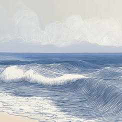 Coastal wall art print with smooth rolling tide lines and soft blue tones, modern wall decor