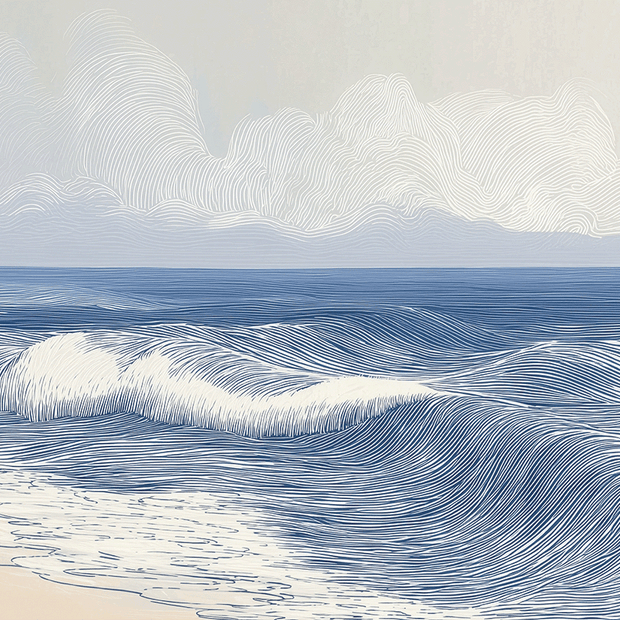 Coastal wall art print with smooth rolling tide lines and soft blue tones, modern wall decor