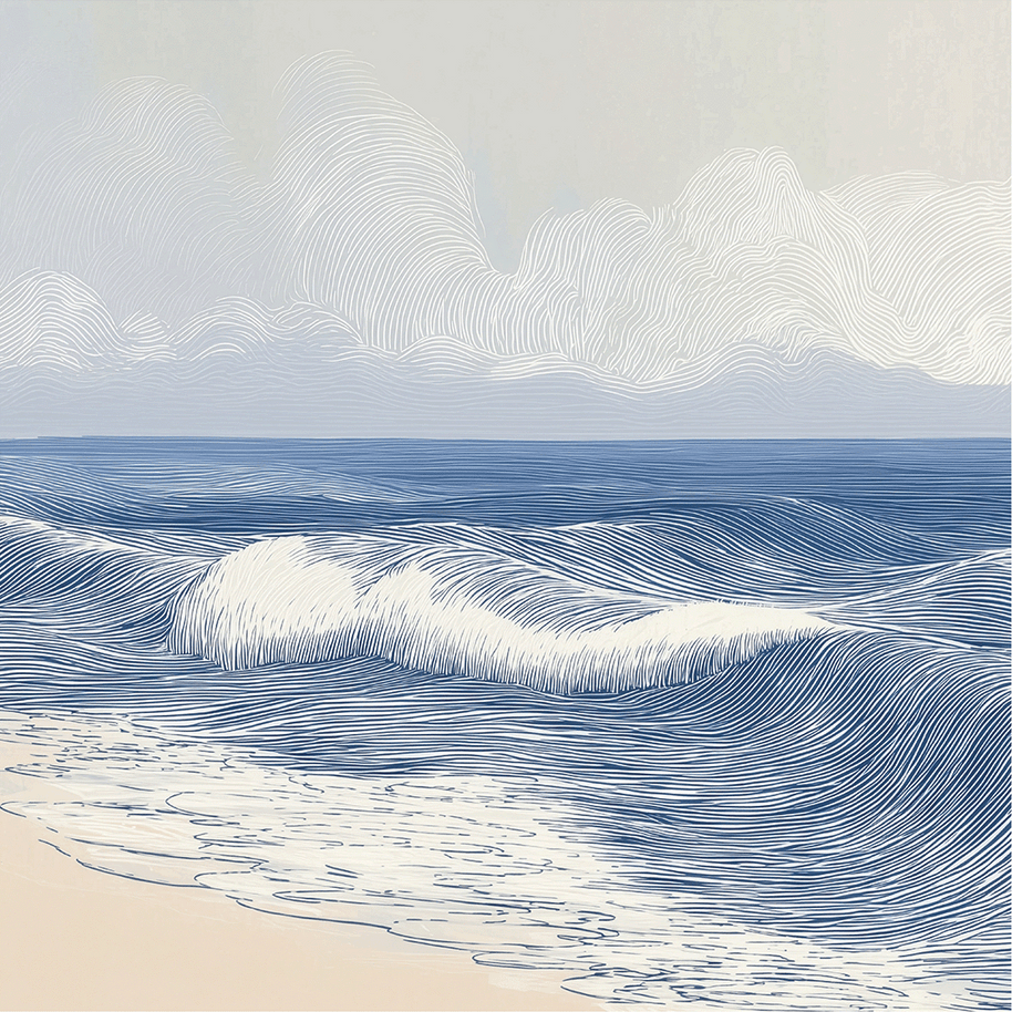 Coastal wall art print with smooth rolling tide lines and soft blue tones, modern wall decor