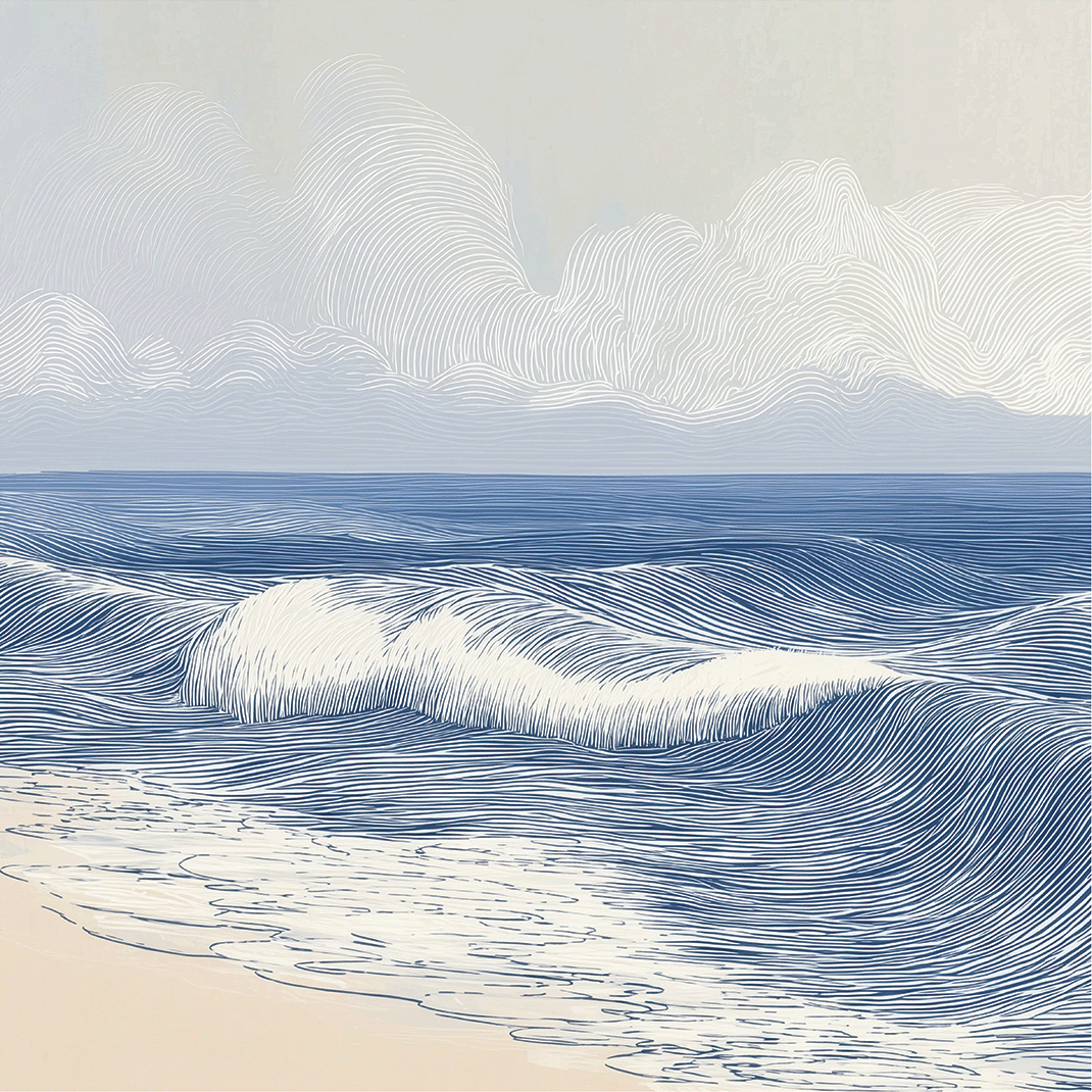 Coastal wall art print with smooth rolling tide lines and soft blue tones, modern wall decor
