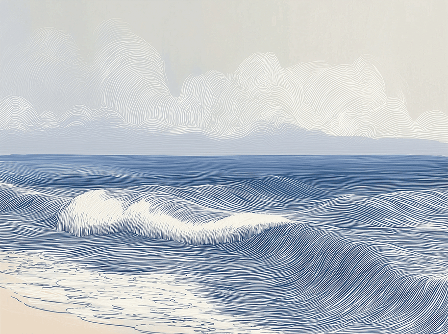 Coastal wall art print with smooth rolling tide lines and soft blue tones, modern wall decor
