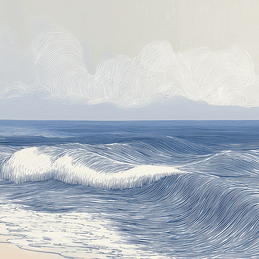 Coastal wall art print with smooth rolling tide lines and soft blue tones, modern wall decor