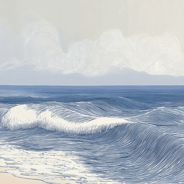 Coastal wall art print with smooth rolling tide lines and soft blue tones, modern wall decor
