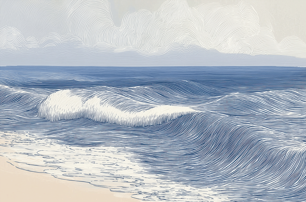 Coastal wall art print with smooth rolling tide lines and soft blue tones, modern wall decor