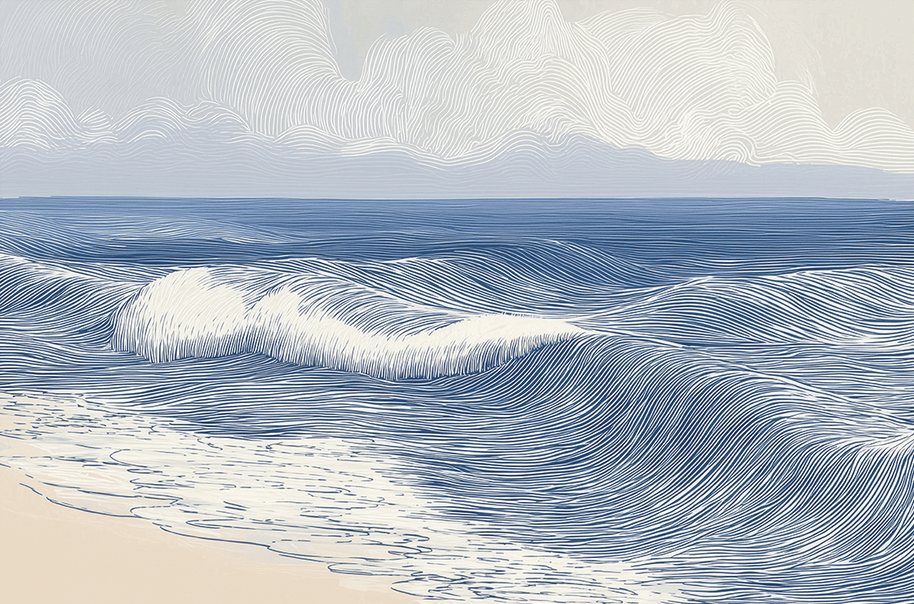 Coastal wall art print with smooth rolling tide lines and soft blue tones, modern wall decor
