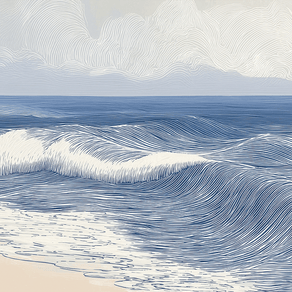 Coastal wall art print with smooth rolling tide lines and soft blue tones, modern wall decor