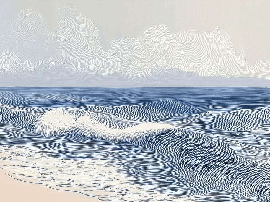 Coastal wall art print with smooth rolling tide lines and soft blue tones, modern wall decor