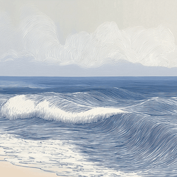 Coastal wall art print with smooth rolling tide lines and soft blue tones, modern wall decor