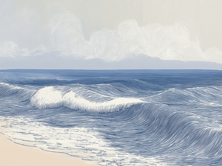 Coastal wall art print with smooth rolling tide lines and soft blue tones, modern wall decor