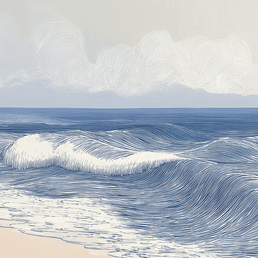 Coastal wall art print with smooth rolling tide lines and soft blue tones, modern wall decor