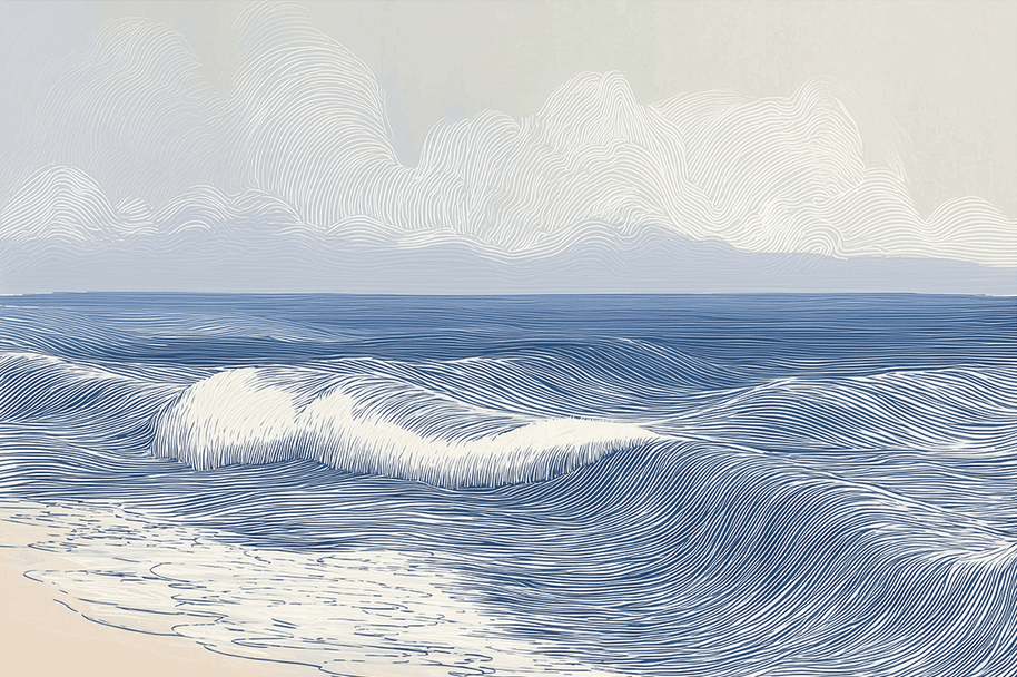 Coastal wall art print with smooth rolling tide lines and soft blue tones, modern wall decor