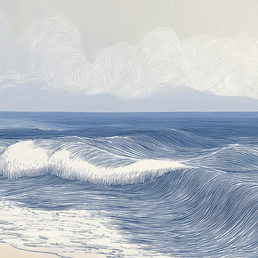 Coastal wall art print with smooth rolling tide lines and soft blue tones, modern wall decor