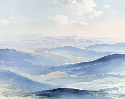 Coastal wall art print with soft horizon and light blue tones, airy decor for modern home